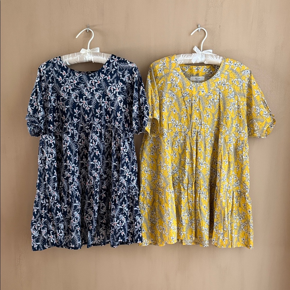 Floral Print Dresses in Blue and Yellow, Bundle/2 Pieces